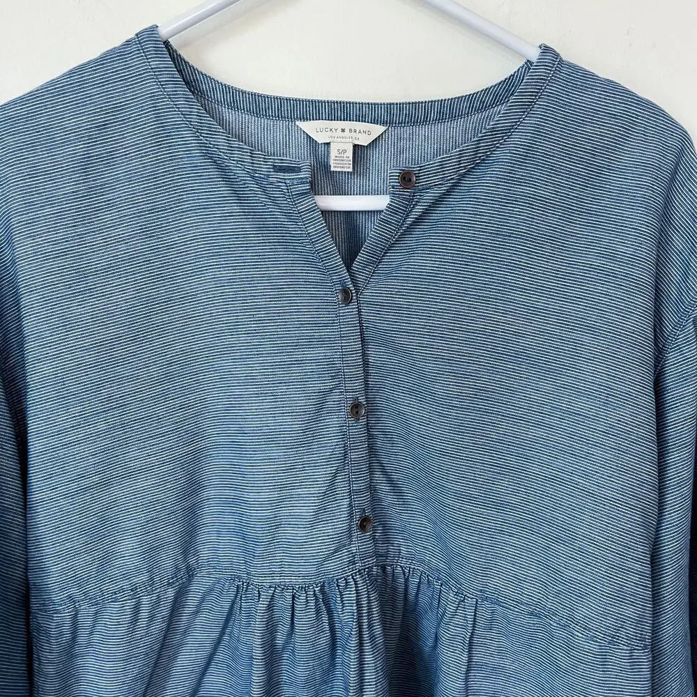 Lucky Brand Womens Striped Popover Top Indigo Multi Small Casual Cotton Lyocell - Picture 6 of 12
